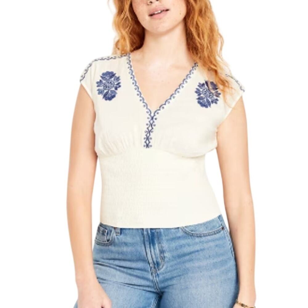 Old Navy Waist Defined Smocked Top M Ivory Blue Embroidery Floral Boho